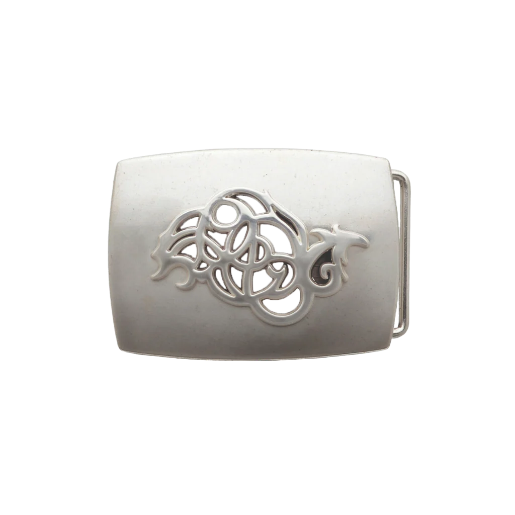 Silver-tone metal belt buckle with a Celtic dragon design, a unique Italian fashion accessory.