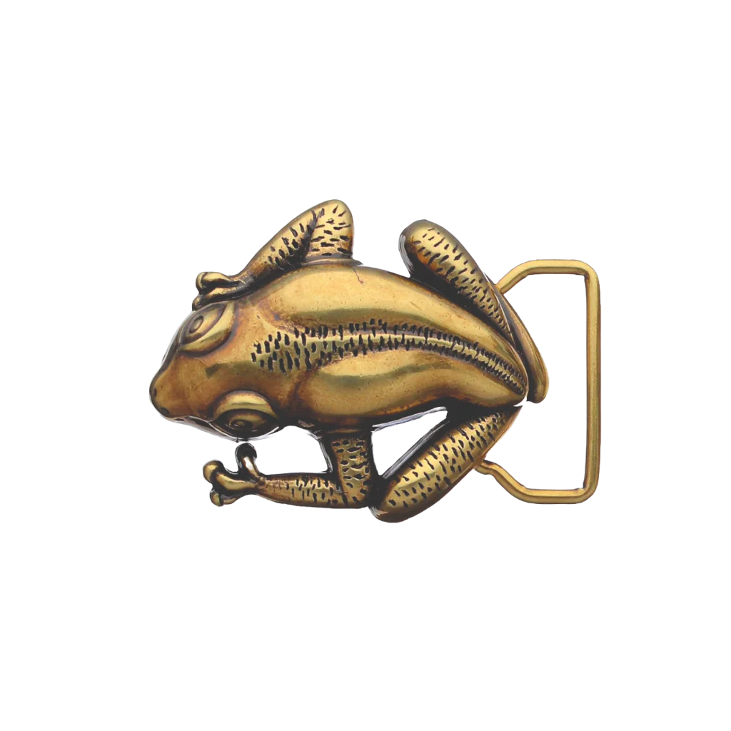 Polished brass frog belt buckle, a unique animal design fashion accessory. Italian-designed jewelry.
