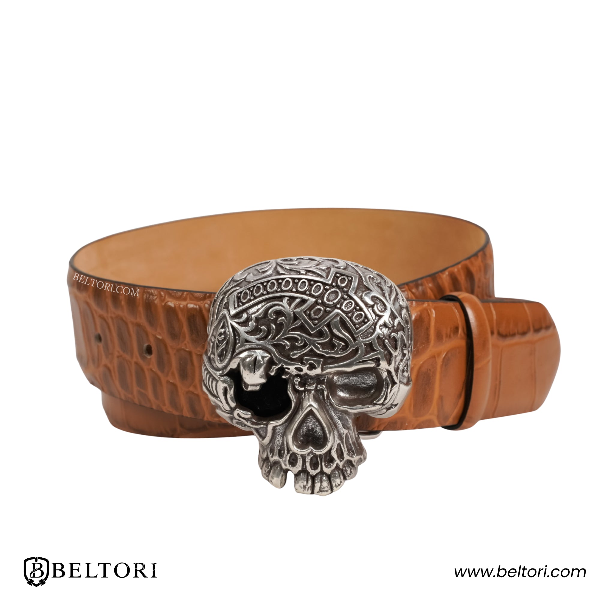 Skull Strass Noir Complete Belt with English Silver Buckle – Brown Leather