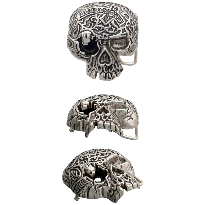 Detailed solid pewter skull belt buckle with intricate carvings, a unique Italian design fashion accessory.