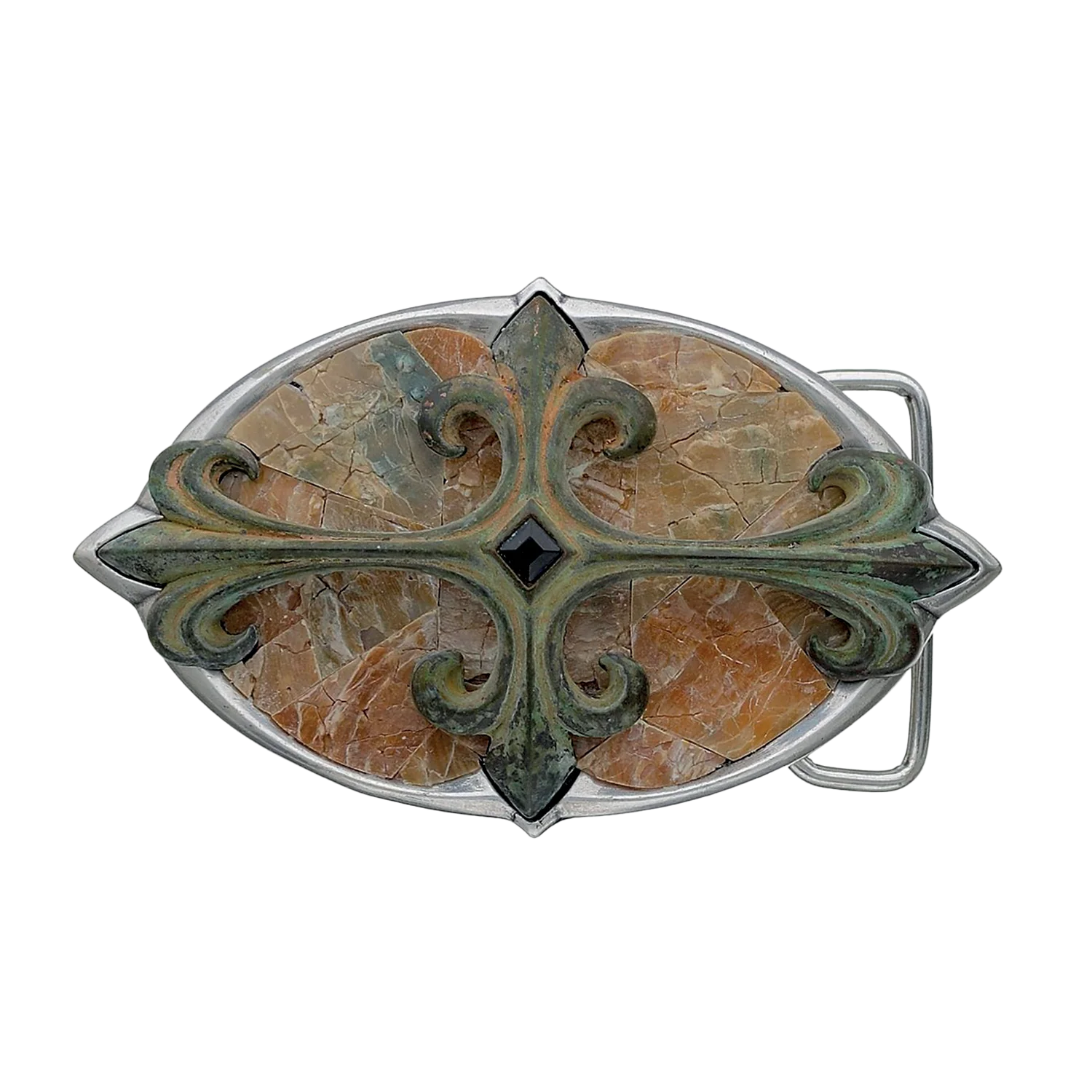 Fleur Script 40mm belt buckle in English Silver + Jet + Raw Mother of Pearl.