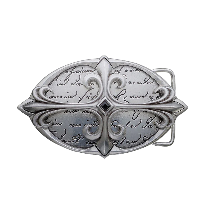 Oval silver belt buckle with an engraved fleur-de-lis design and text, a unique Italian fashion accessory.