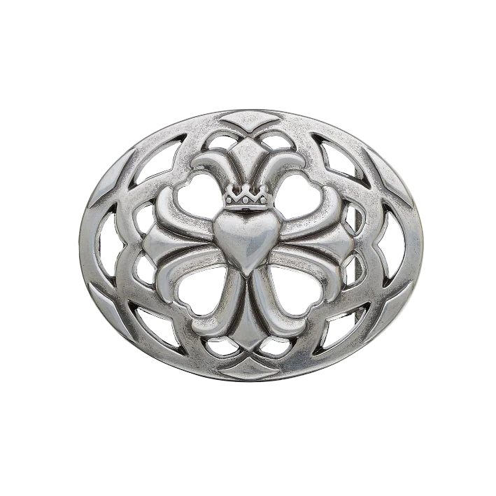 Oval solid pewter belt buckle with a crowned heart design, a unique Italian fashion accessory.