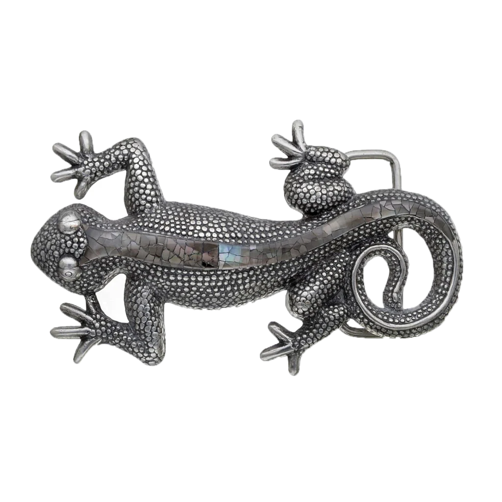 Silver-tone gecko belt buckle with a lustrous dark mother-of-pearl inlay, a unique Italian fashion accessory.