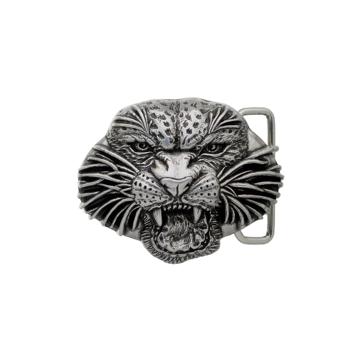 Detailed solid pewter leopard head belt buckle, a unique animal design fashion accessory. Italian-designed.