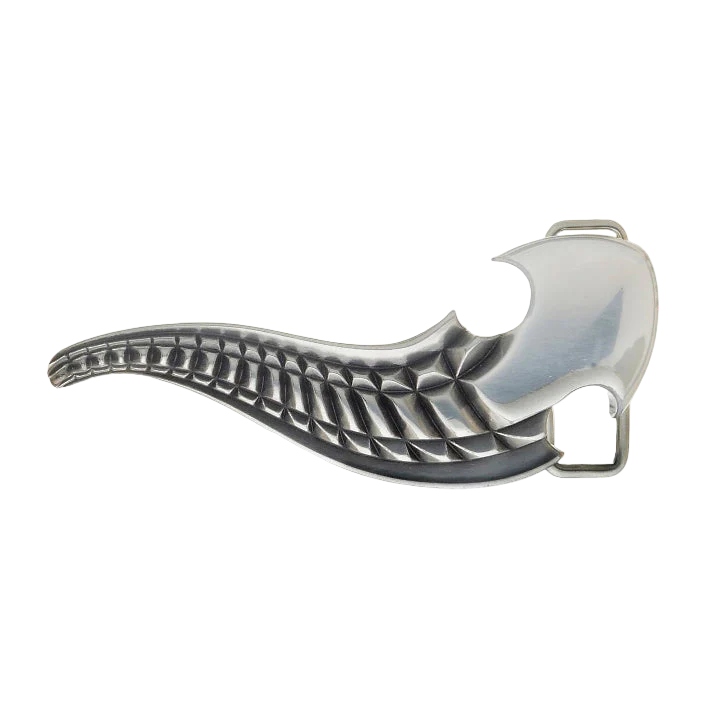 Unique silver-tone belt buckle with a modern, abstract curved design and textured details, an Italian fashion accessory.