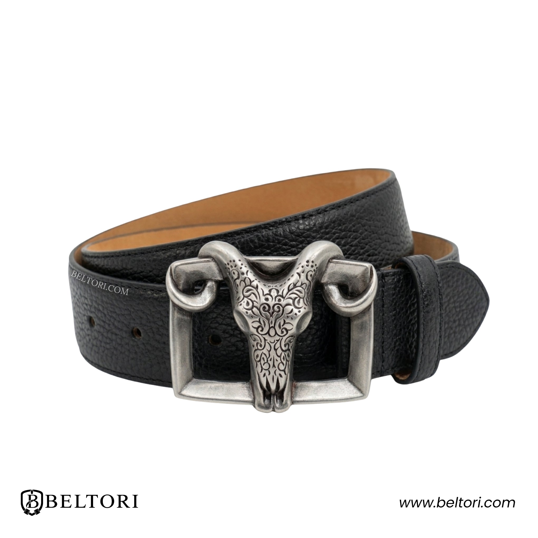 Bull Skull Western English Silver Complete Belt – Black Croc Leather
