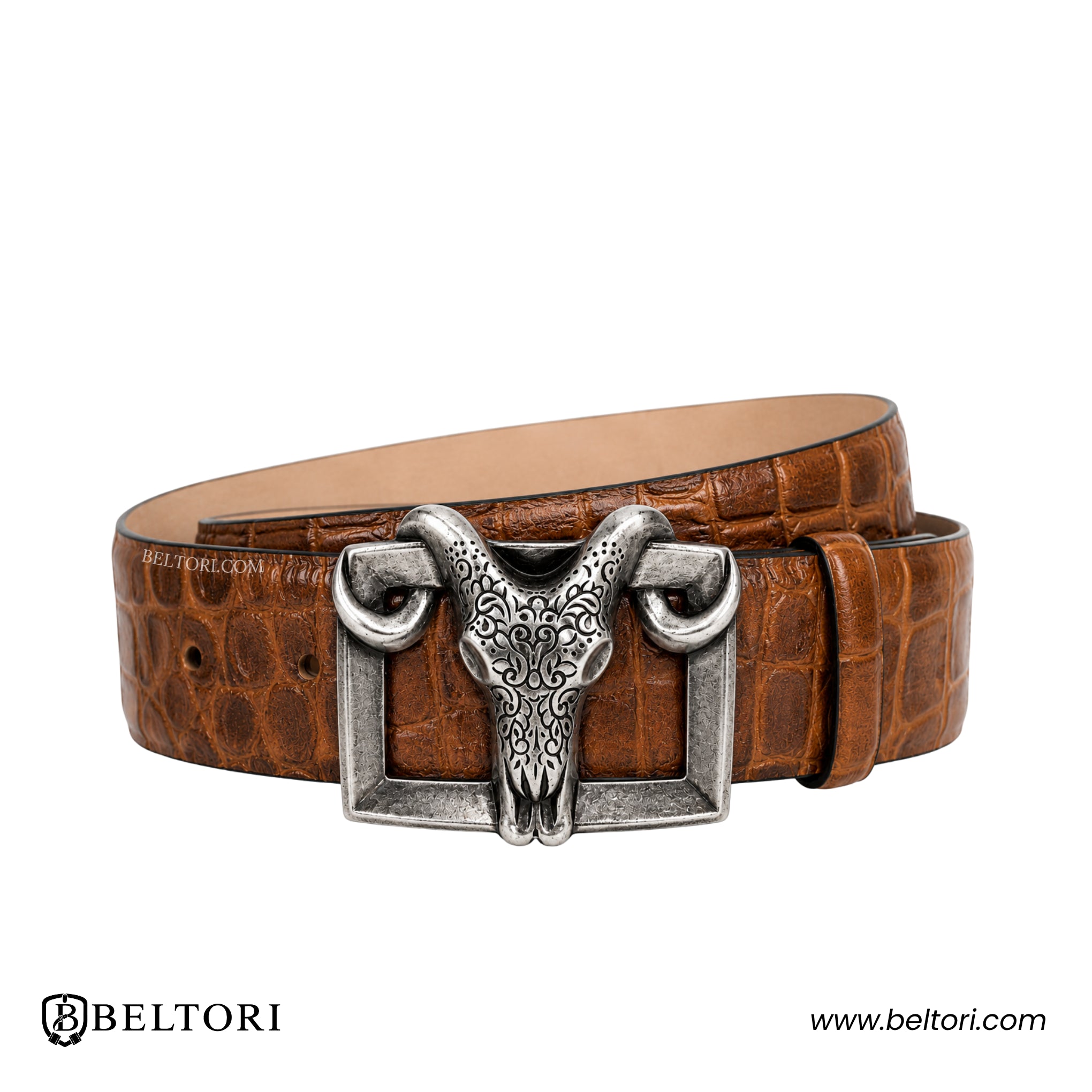 Bull Skull Western English Silver Complete Belt – Brown Leather