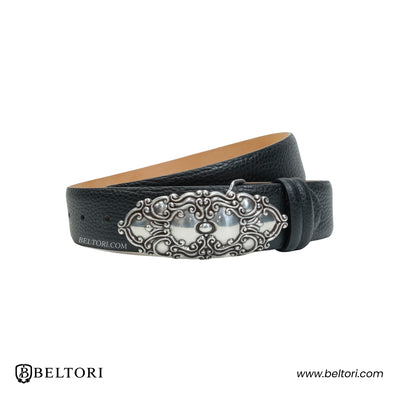 Ornate Scroll Complete Belt English Silver – Black Croc Leather