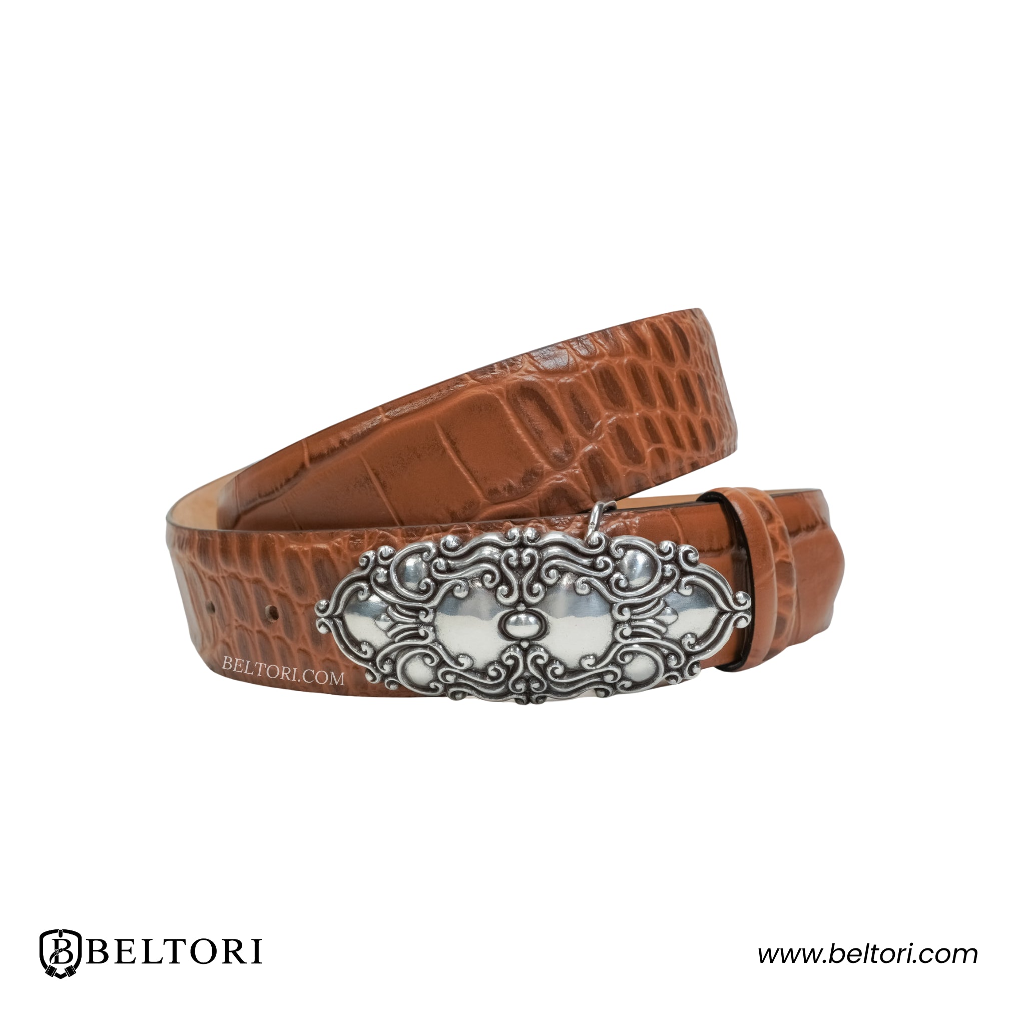 Ornate Scroll Complete Belt English Silver – Brown Leather