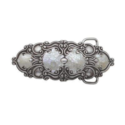 Polished silver belt buckle with a detailed Art Nouveau-style design and shimmering cracked mother of pearl inlays, a stylish fashion accessory with a beautiful Italian design.

