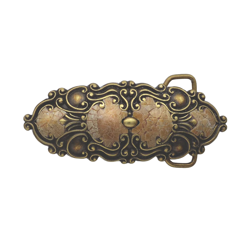 Ornate antique brass belt buckle with a cracked stone inlay and filigree scrolls, a unique Italian design fashion accessory.