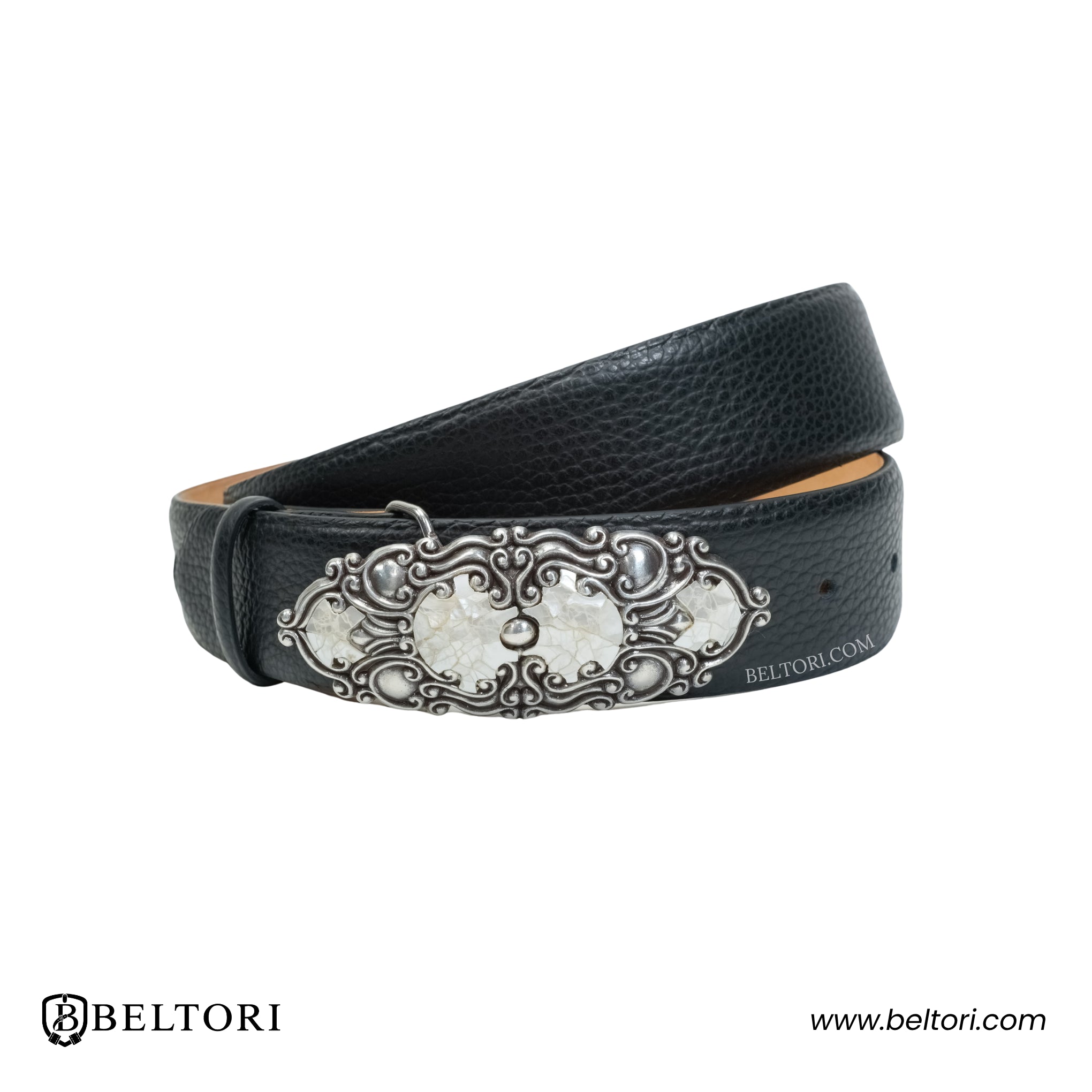 Ornate Scroll Cracked White Mother of Pearl Complete Belt – Black Croc Leather