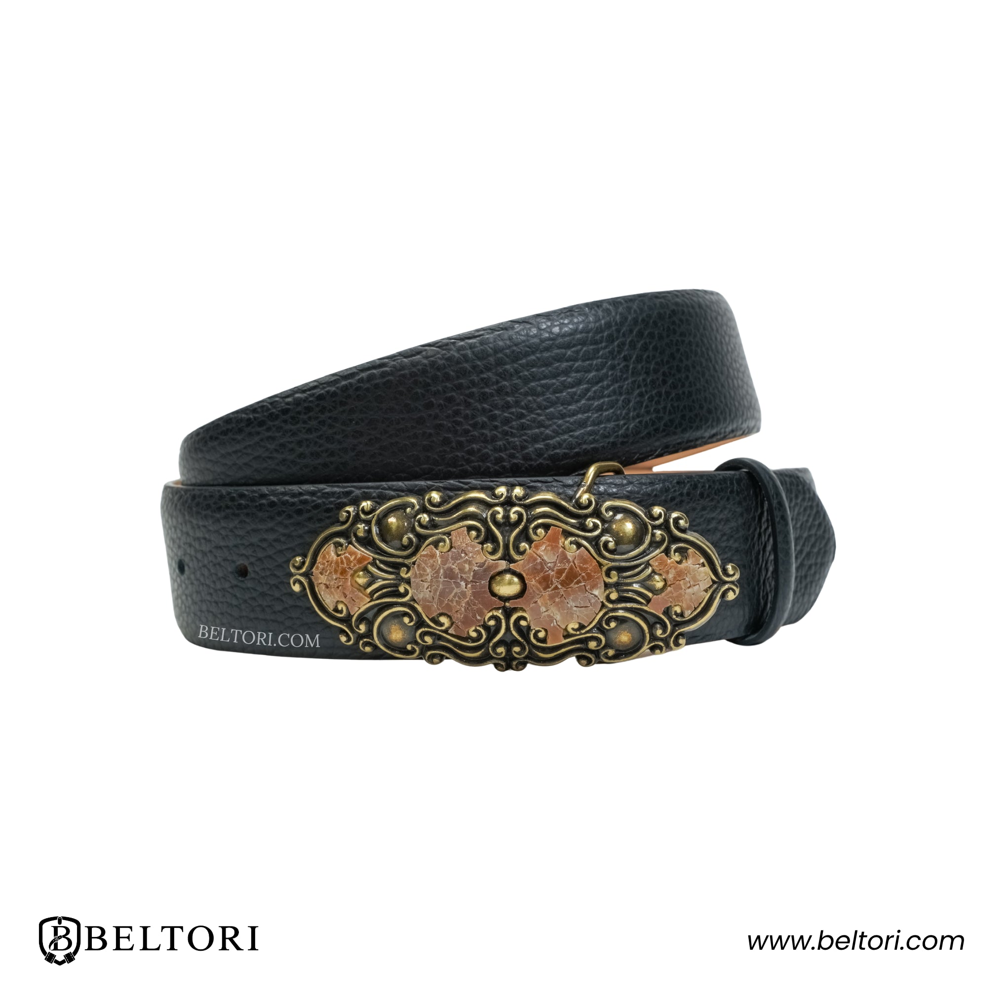 Ornate Scroll Mother of Pearl Complete Belt – Black Croc Leather
