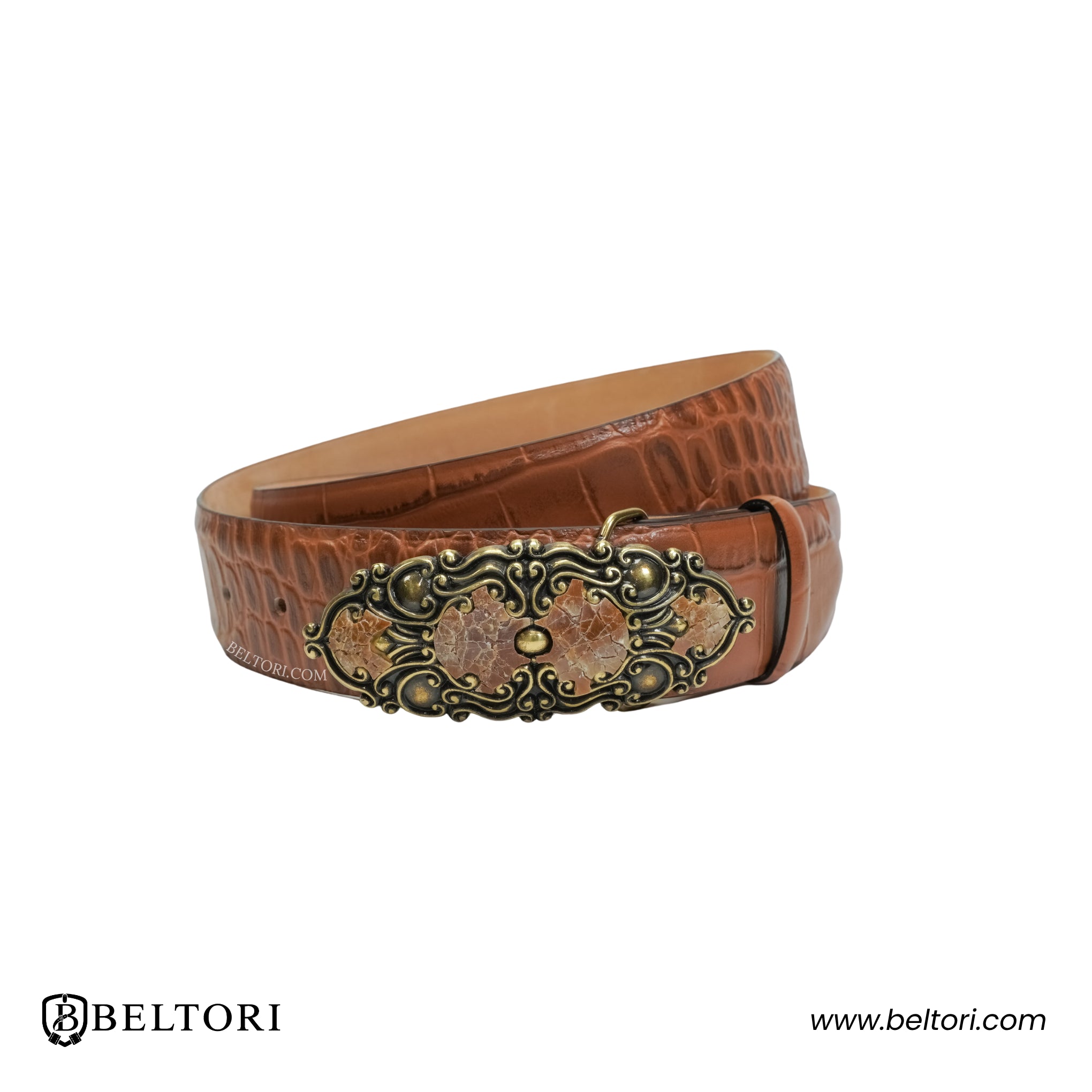 Ornate Scroll Mother of Pearl Complete Belt – Brown Leather