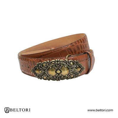Ornate Scroll Old Gold Complete Belt – Miele Brown Leather