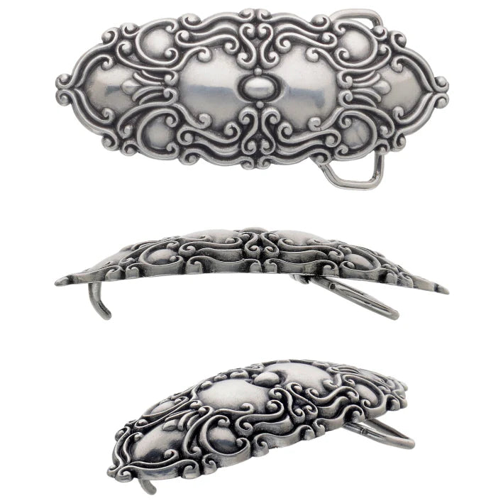 Antique Silver Oval Belt Buckle with a detailed Victorian-style filigree design, a high-fashion accessory and a classic Italian design.

