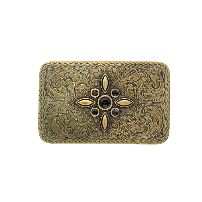 Antique gold-tone belt buckle with an engraved filigree pattern and black gemstones, an ornate Italian design fashion accessory.