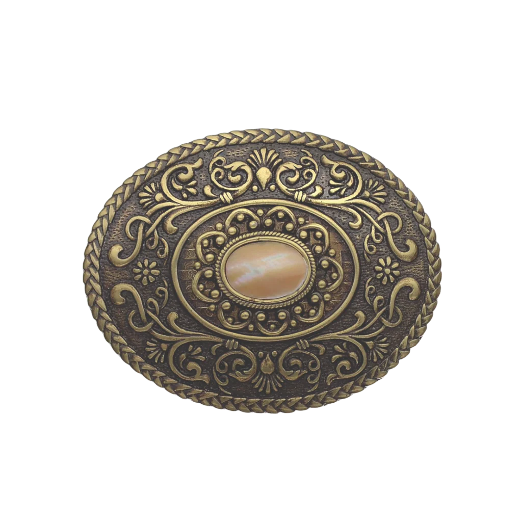 Bronze Oval Belt Buckle with Vintage Floral Italian Design and a Central Mother of Pearl Stone, a perfect fashion accessory for a stylish belt.
