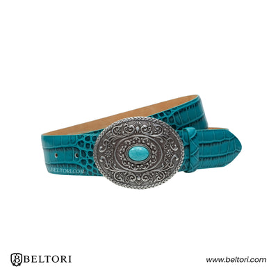 Ornate Oval Turquoise Stone English Silver Complete Belt – Foresta Leather