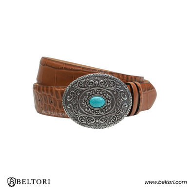 Ornate Oval Turquoise Stone English Silver Complete Belt – Miele Brown Leather