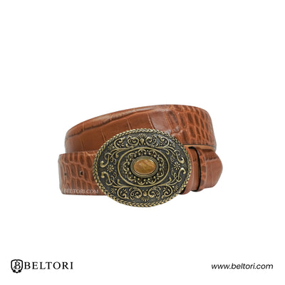 Ornate Oval Complete Belt Old Gold – Brown Leather