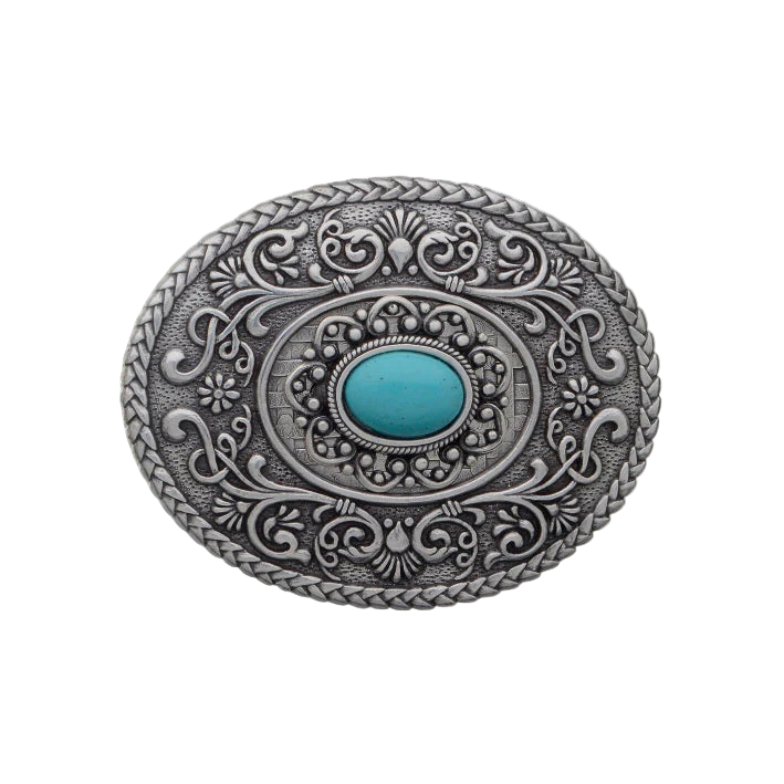 Oval solid silver belt buckle with a large turquoise gemstone and ornate filigree, a unique Italian fashion accessory.
