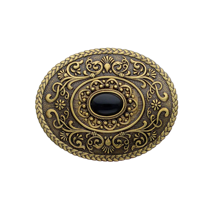 Antique Brass Oval Belt Buckle with a detailed floral and rope-like border, featuring a smooth black onyx stone in the center. A perfect fashion accessory and Italian design.

