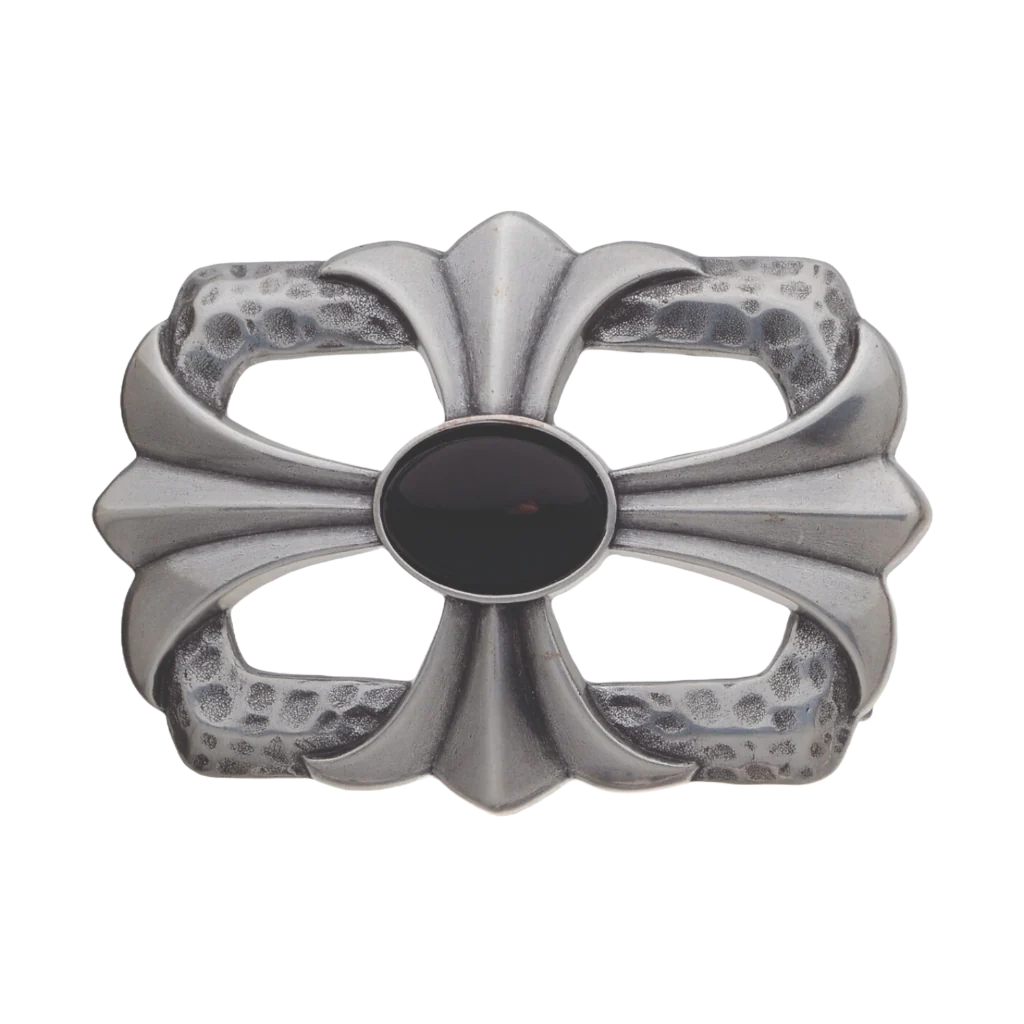 Brushed Silver Belt Buckle with a modern cross design and a smooth black onyx stone centerpiece, a unique fashion accessory with a contemporary Italian design.

