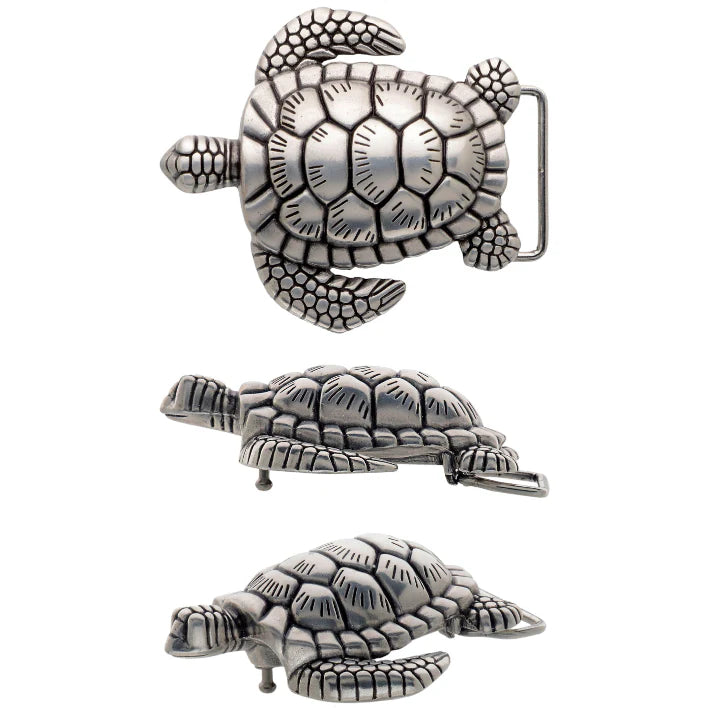 Brushed Silver Sea Turtle Belt Buckle, a unique fashion accessory with a detailed Italian design, perfect for adding a touch of nature-inspired style.

