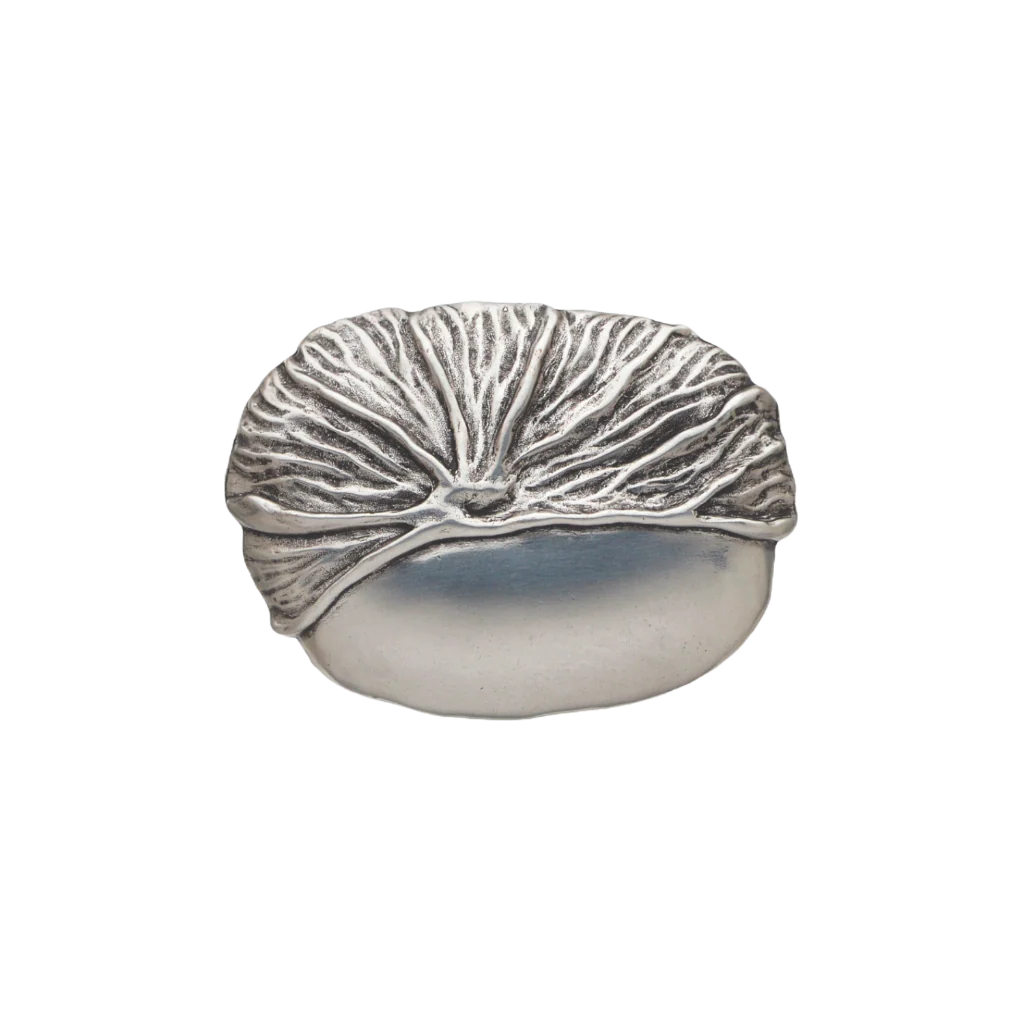 Circular brushed silver belt buckle with a textured flowing vein design, a stylish fashion accessory with a contemporary Italian design.

