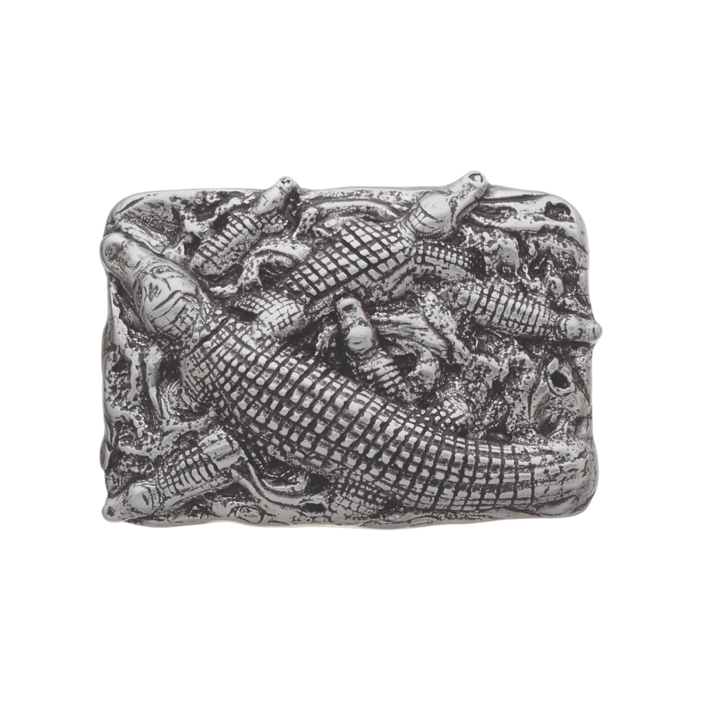 Textured silver rectangular belt buckle with a detailed crocodile and baby crocodile design, a unique fashion accessory with a bold animal-themed Italian design.