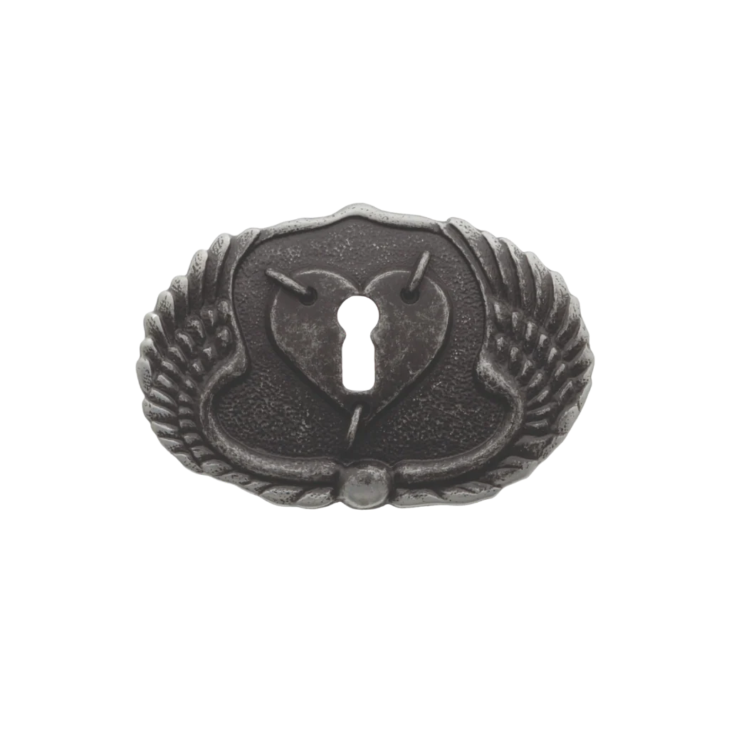 Detailed vintage silver belt buckle with a keyhole heart and wing design, a unique and romantic fashion accessory with a beautiful Italian design.

