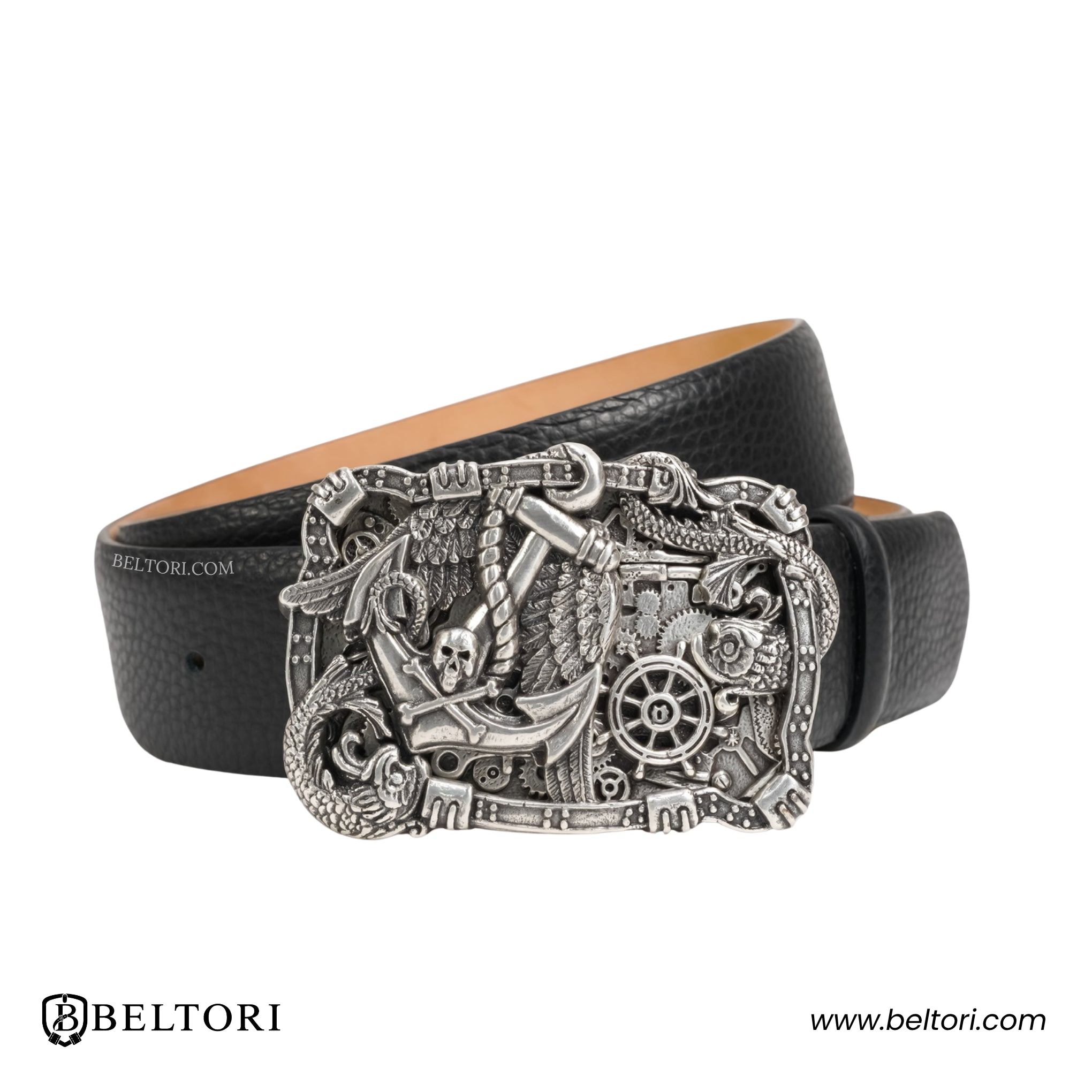 Pirate Anchor English Silver Complete Belt – Black Croc Leather
