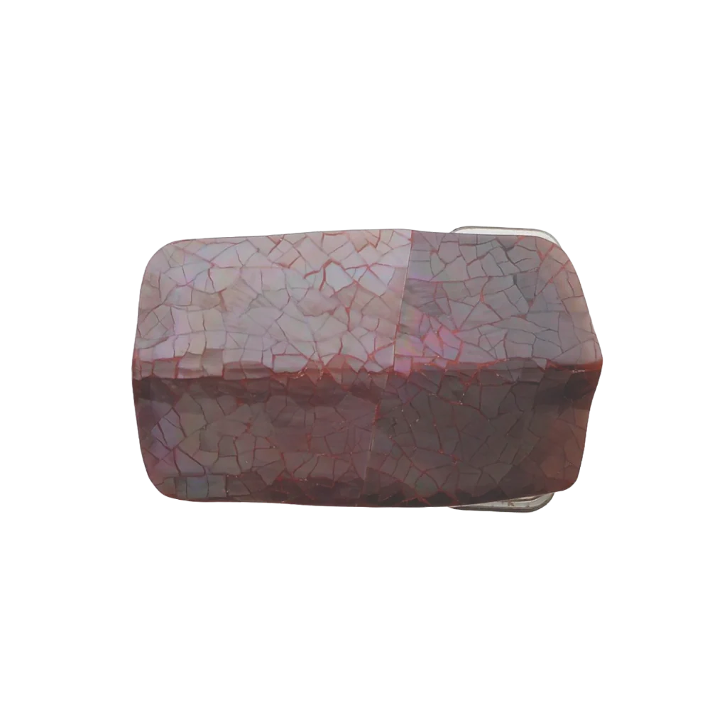 Rectangular silver belt buckle with a mosaic-style cracked mother of pearl inlay, a unique fashion accessory with a beautiful Italian design.