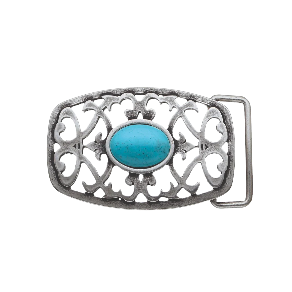 Rectangular openwork belt buckle with filigree scrolls and oval turquoise stone, oxidized silver, isolated on transparent background