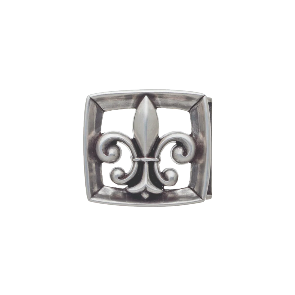Square openwork belt buckle with raised fleur-de-lis, oxidized silver, isolated on transparent background