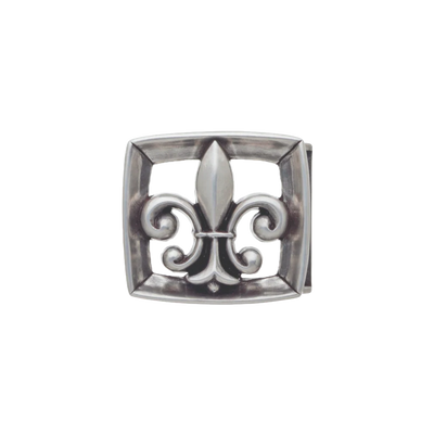 Square openwork belt buckle with raised fleur-de-lis, oxidized silver, isolated on transparent background