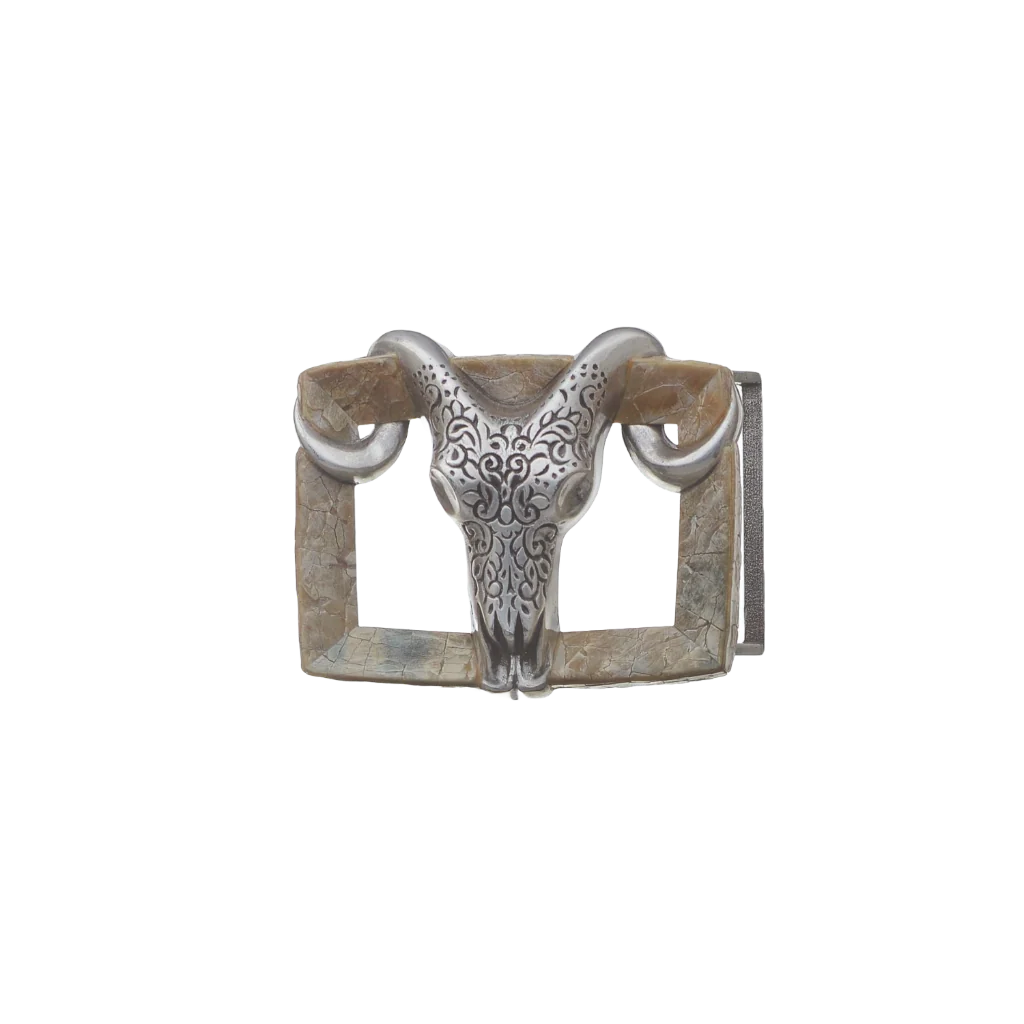 Italian design belt buckle fashion accessory engraved silver ram skull on cracked-stone rectangular frame, western style.