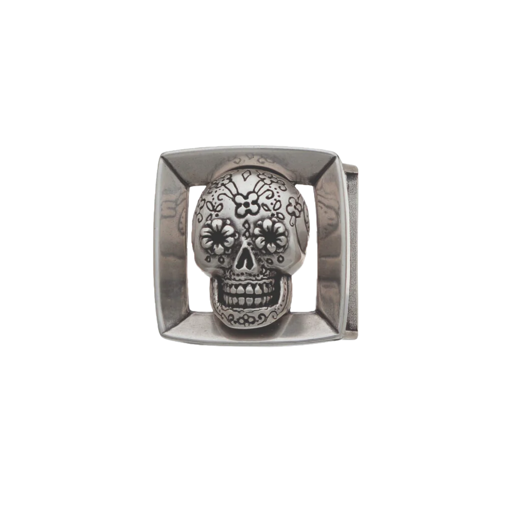 Modern square silver belt buckle with a detailed Mexican sugar skull design, a unique fashion accessory with a statement-making Italian design.

