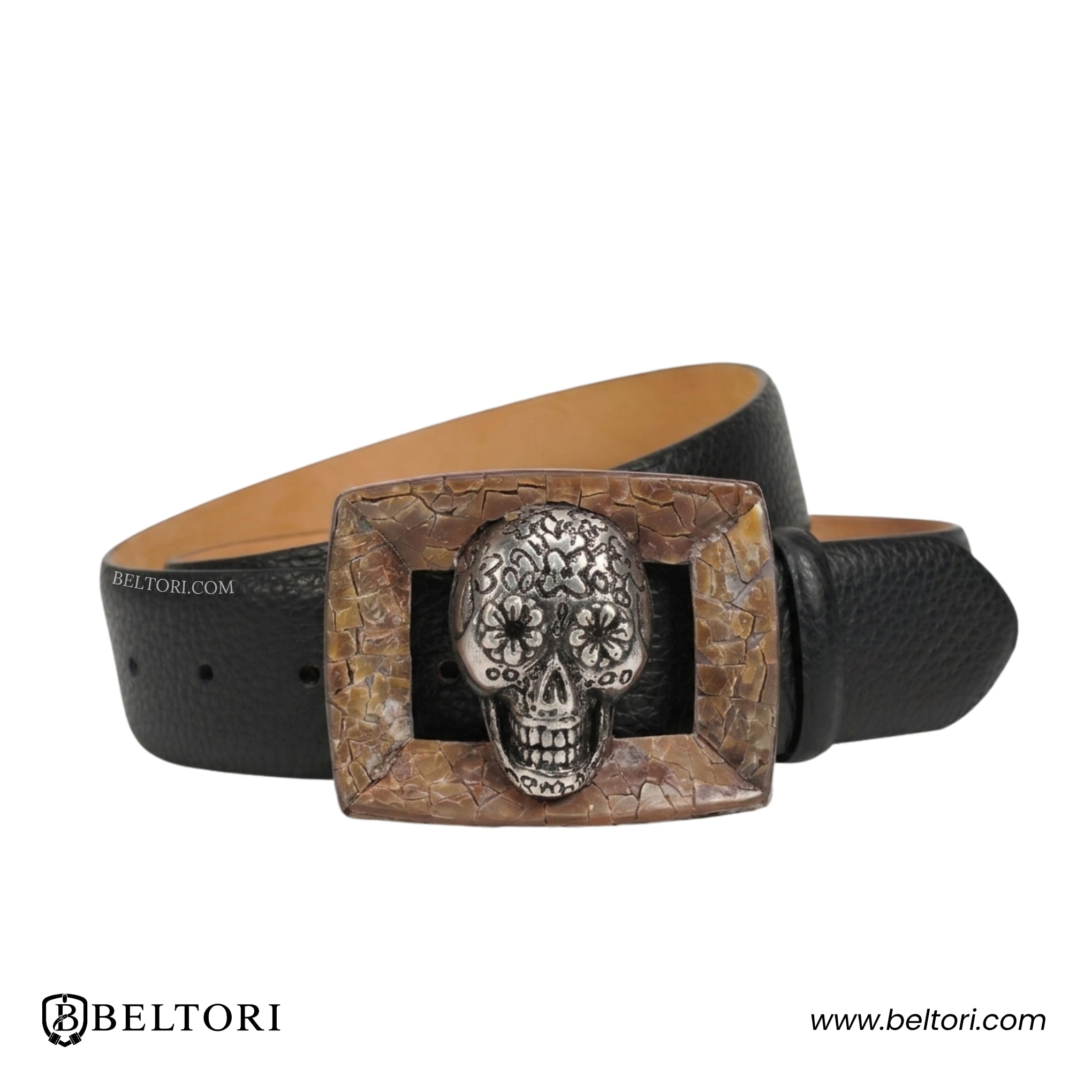 Skull Tagnipis Mother of Pearl Complete Belt – Black Croc Leather