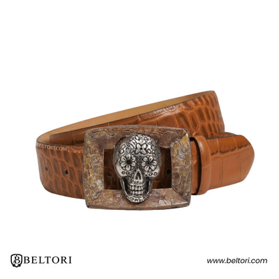 Skull Tagnipis Mother of Pearl Complete Belt with English Silver Buckle – Brown Leather