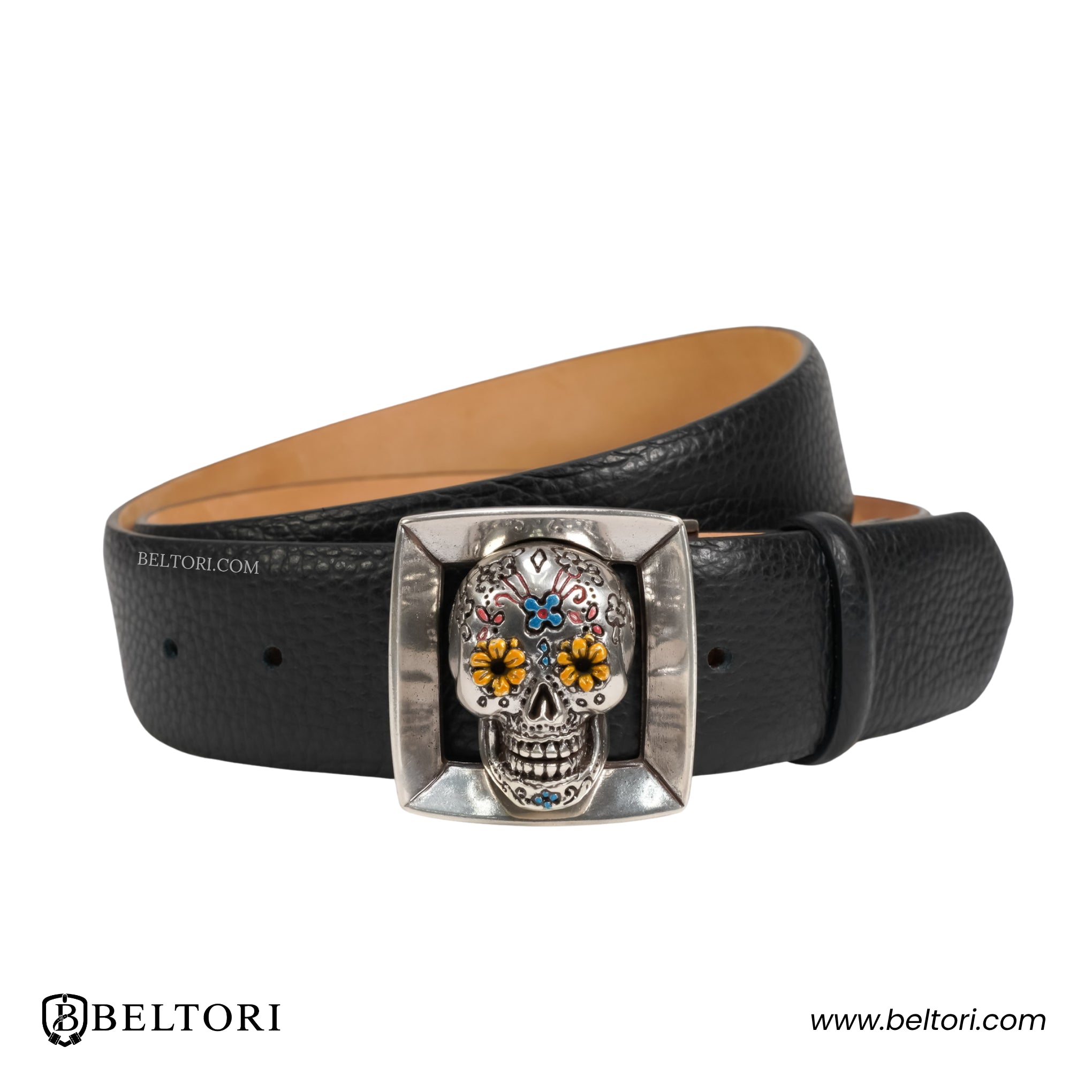 Day Of The Dead Skull English Silver Complete Belt – Black Croc Leather