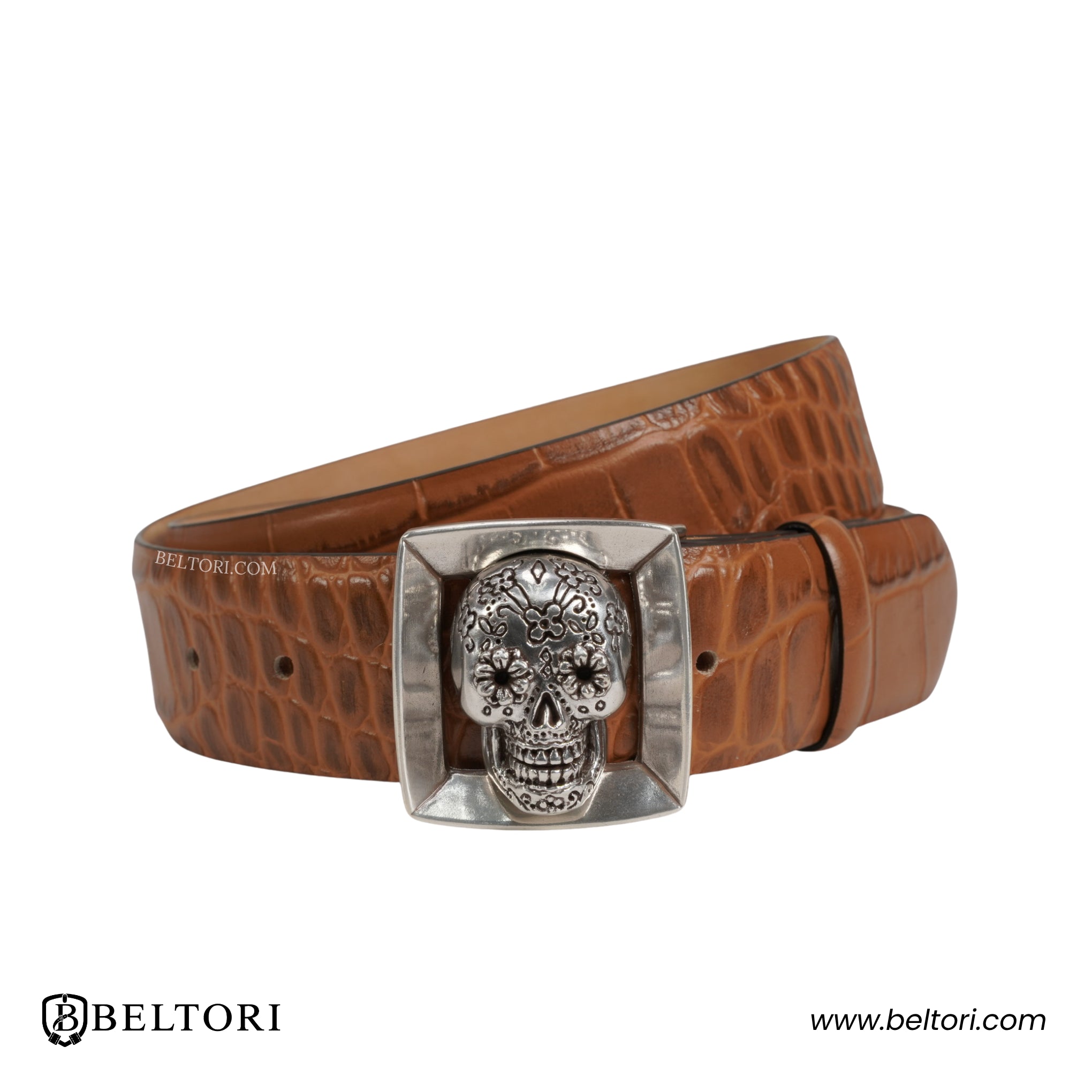 Sugar Skull English Silver Complete Belt – Brown Leather