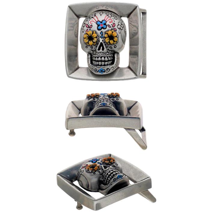 Modern square silver belt buckle with a detailed and colorful Mexican sugar skull design, a unique fashion accessory with a statement-making Italian design.