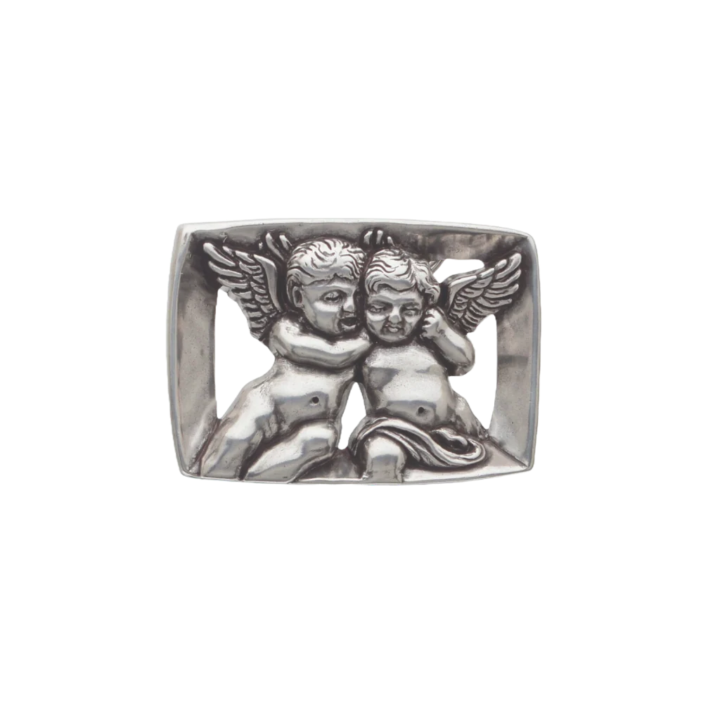 Rectangular silver belt buckle with two cherub angels design, vintage western cowboy rodeo fashion accessory