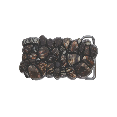 Rectangular belt buckle with polished dark brown stone inlay, mosaic rock pattern, western cowboy rodeo fashion accessory