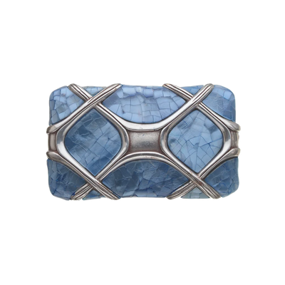 Rectangular belt buckle with light blue mosaic inlay and silver lattice overlay, stylish geometric design, men’s fashion accessory