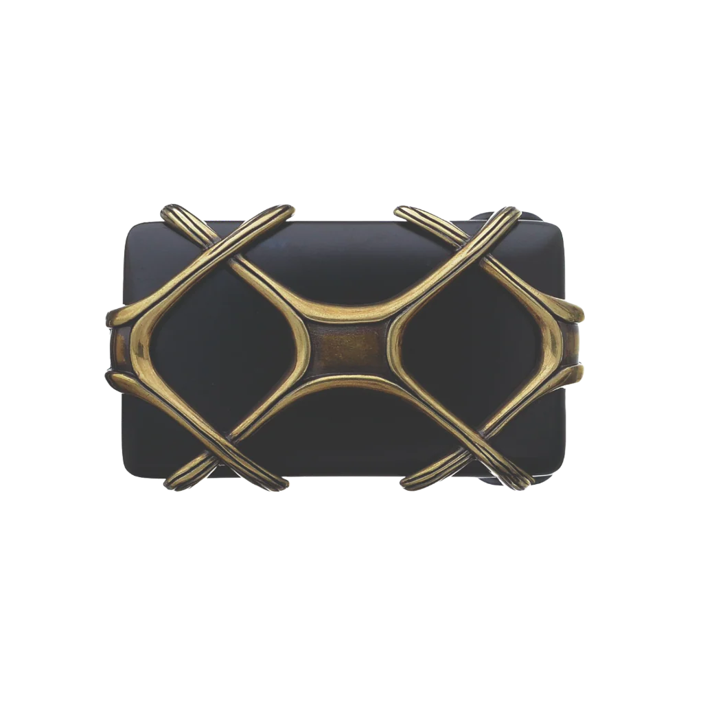 Rectangular black and bronze belt buckle with a lattice-style strap design, a sleek fashion accessory with a contemporary Italian design.

