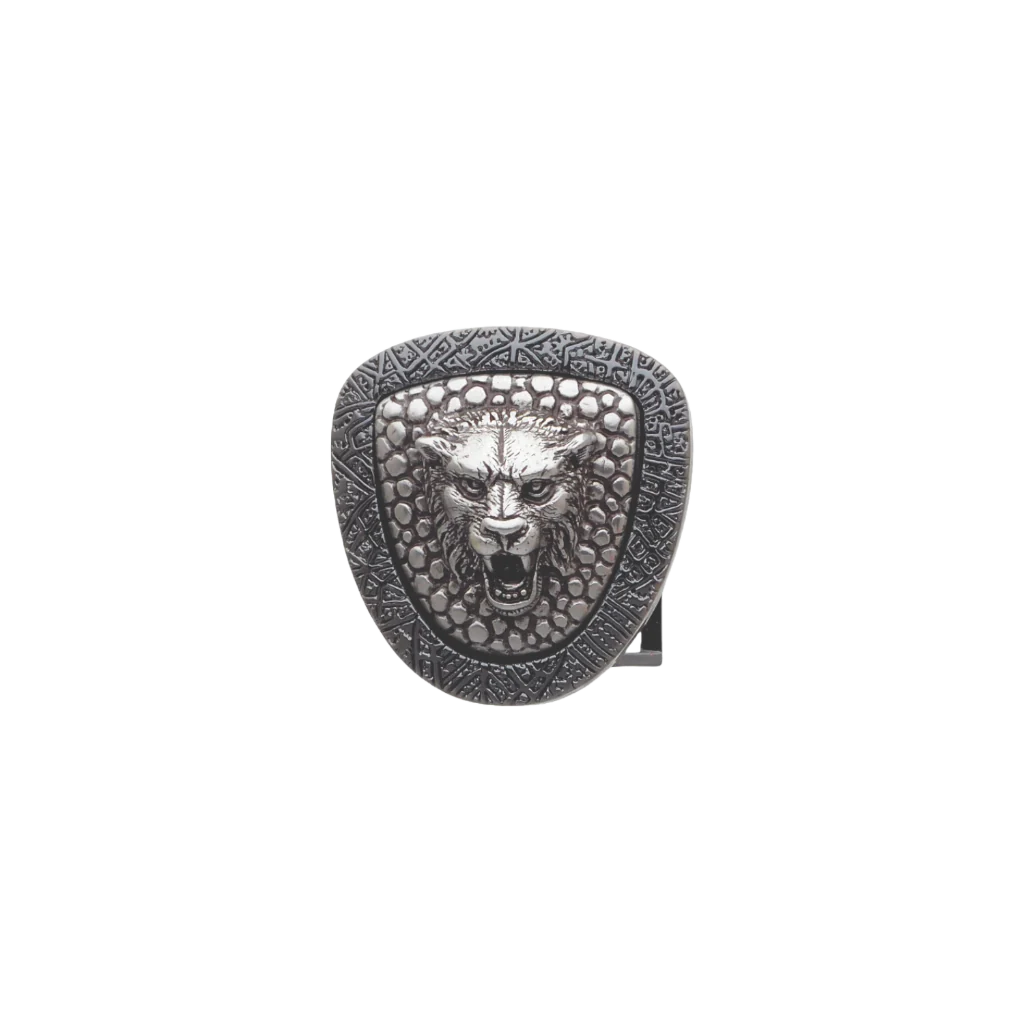Brushed silver belt buckle with a detailed snarling wolf head design in the center and a textured and patterned border, a bold fashion accessory with an animal-themed Italian design.

